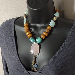 Very Awesome Stone, Wood, And Glass Bead Necklace 18.25 Inches Long